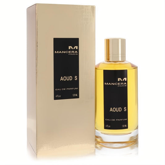 Luxurious Mancera Aoud S 4 oz Eau De Parfum spray in a clear bottle with a sleek gold cap, presented with its elegant matching gold box.