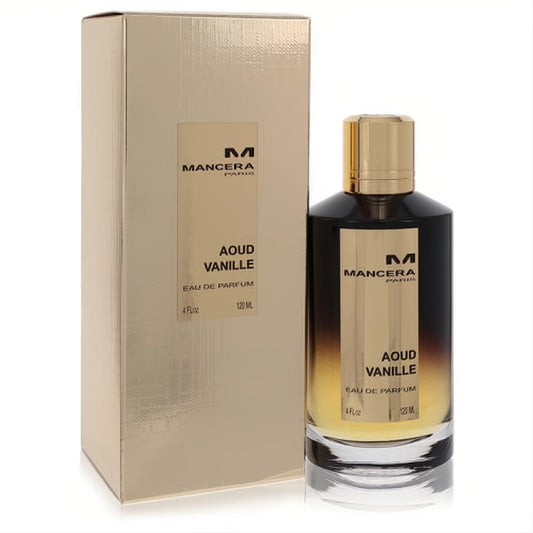 Elegant Mancera Aoud Vanille 4 oz EDP spray. Luxurious dark amber to gold gradient bottle with metallic gold cap and matching golden box.