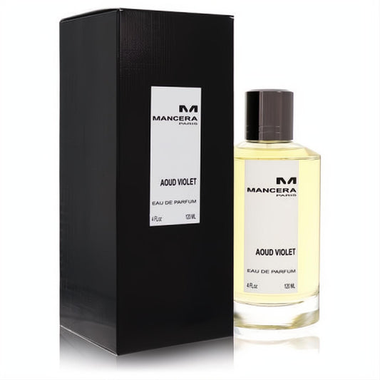 Mancera Aoud Violet 4 oz unisex Eau de Parfum. Luxurious golden liquid in a sleek clear bottle, with an elegant black box.