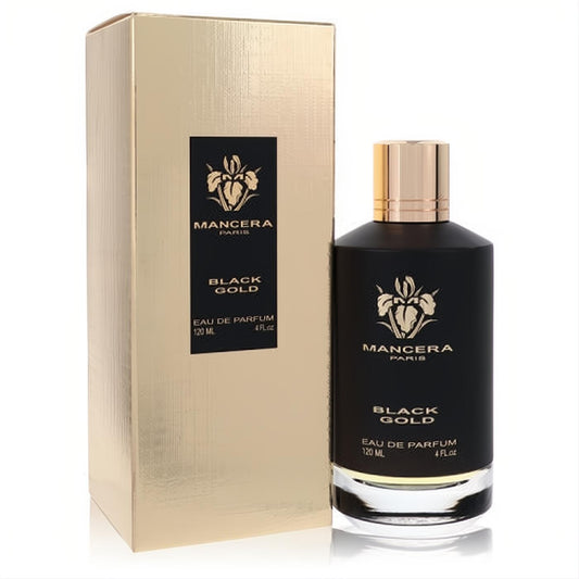 Mancera Black Gold 4 oz men's Eau De Parfum. Elegant black glass bottle with a gleaming gold cap, presented with its matching gold box.