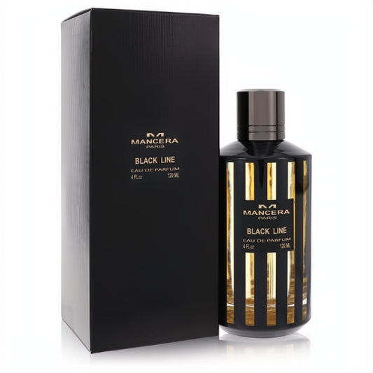Mancera Black Line 4 oz unisex EDP spray. Bold black bottle with striking gold stripes, presented in a matching luxury box.