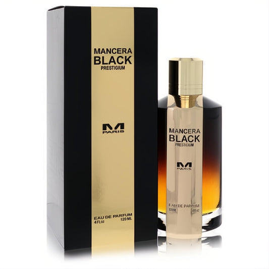 Mancera Black Prestigium 4 oz unisex EDP. Striking black and gold box, elegant glass bottle with warm amber liquid.