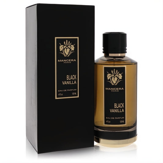 Experience Mancera Black Vanilla 4 oz Eau de Parfum. Luxurious black box and elegant clear glass bottle with rich amber liquid.