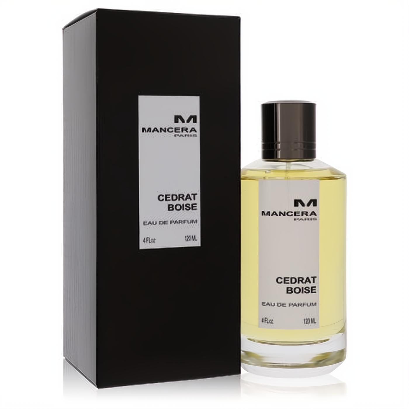 Mancera Cedrat Boise 4 oz unisex EDP. Clear glass bottle with golden liquid and a sophisticated black box.