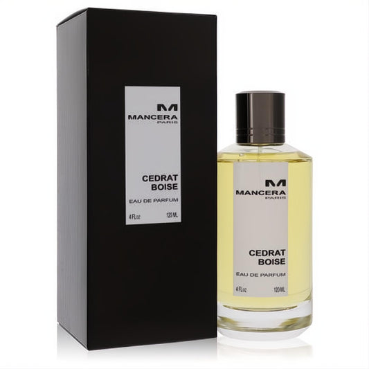 Mancera Cedrat Boise 4 oz unisex EDP. Clear glass bottle with golden liquid and a sophisticated black box.