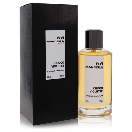 Mancera Choco Violette 4 oz Eau De Parfum. Luxurious clear glass bottle with black cap, presented with its sleek black box.