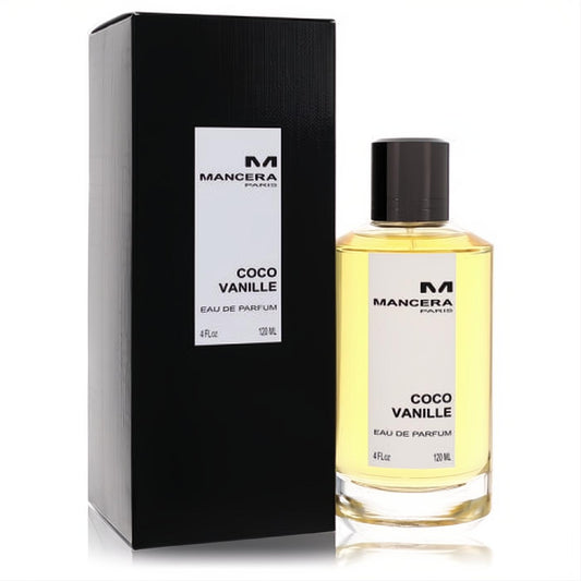 Luxurious Mancera Coco Vanille 4oz unisex EDP. Clear glass bottle with golden liquid, sleek black cap, and elegant black box.