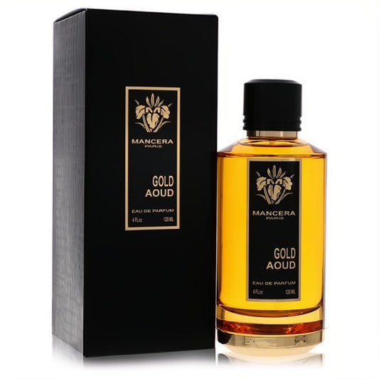 Elegant Mancera Gold Aoud 4 oz unisex EDP spray. Features a sleek gold bottle with black label and cap, alongside its matching black box.**