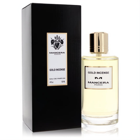 Luxurious Mancera Gold Incense 4 oz EDP in a clear glass bottle with a gleaming gold cap and rich black packaging.