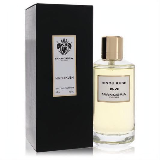 Mancera Hindu Kush 4 oz EDP spray: clear glass bottle with a gleaming gold cap, beside its elegant black box.