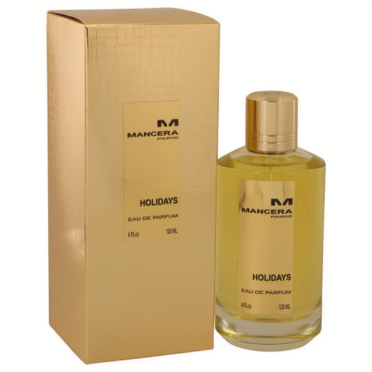 Elegant Mancera Holidays 4 oz unisex Eau De Parfum spray in a clear glass bottle with a radiant gold cap and matching premium gold box.