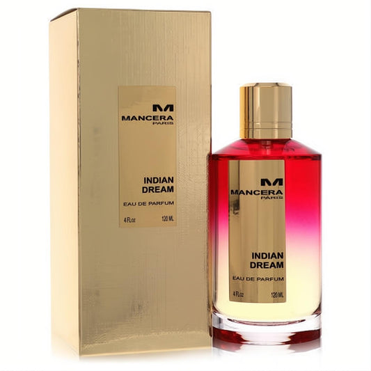 Elegant Mancera Indian Dream 4 oz EDP in a striking red-to-clear gradient glass bottle with a gold cap, next to its shimmering gold box.
