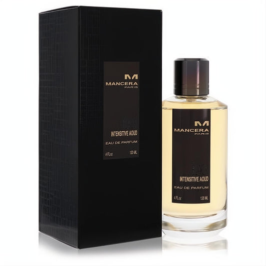 Experience Mancera Intensitive Aoud Black 4 oz unisex EDP. Golden liquid in clear bottle, sleek black cap and matching box.