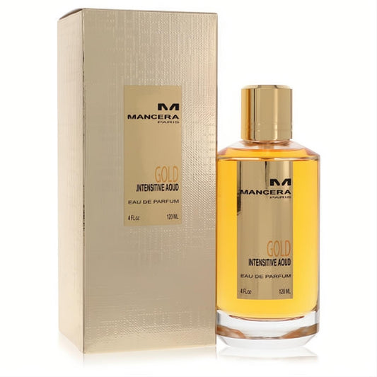 Elegant Mancera Intensitive Aoud Gold 4 oz unisex EDP. Clear bottle with golden liquid, shiny gold cap, and textured gold box.