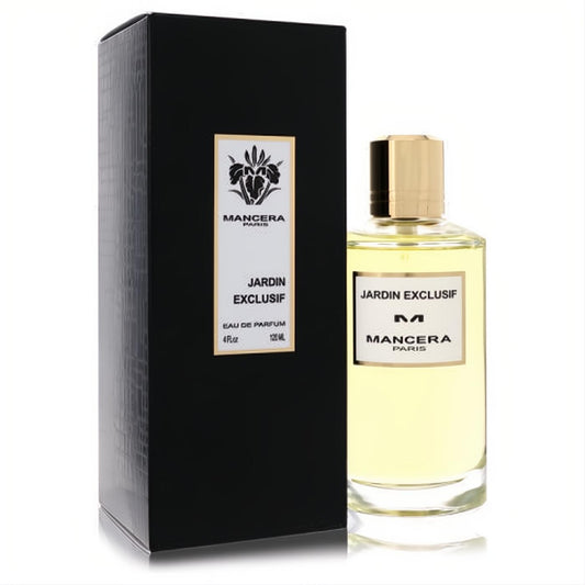 Mancera Jardin Exclusif 4 oz Eau De Parfum. Clear bottle with golden liquid, luxurious gold cap, and elegant black box.