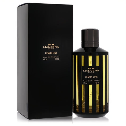 Discover Mancera Lemon Line 4 oz unisex fragrance: a sophisticated black bottle with bold gold stripes, presented with its elegant matching box.