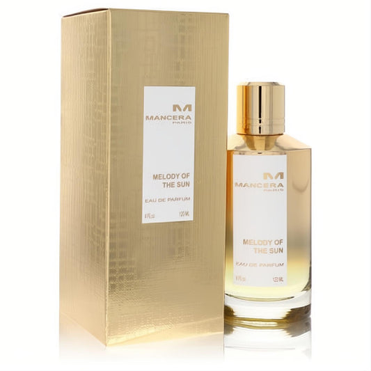 Mancera Melody Of The Sun 4 oz EDP in a luxurious clear bottle with gold cap and matching textured gold box.