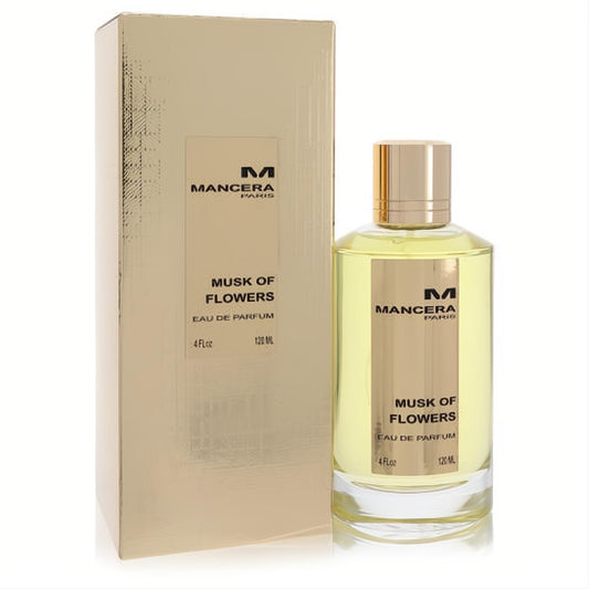 Luxurious Mancera Musk of Flowers 4 oz Eau De Parfum spray. Clear bottle, elegant gold cap, and shimmering gold box.