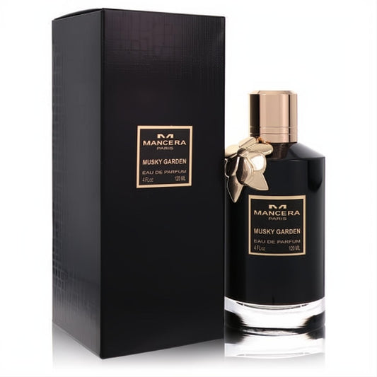Elegant Mancera Musky Garden 4 oz EDP in a sleek black bottle with a luxurious gold cap and leaf charm, displayed with its matching box.