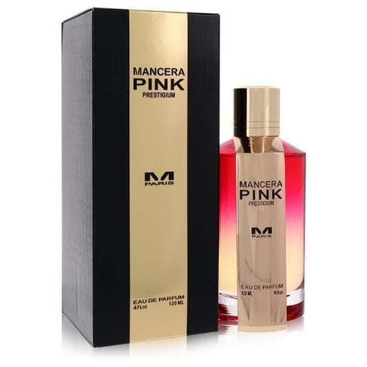 Elegant Mancera Pink Prestigium 4 oz EDP spray. Clear bottle with vibrant pink liquid, gold cap, and matching black & gold box.