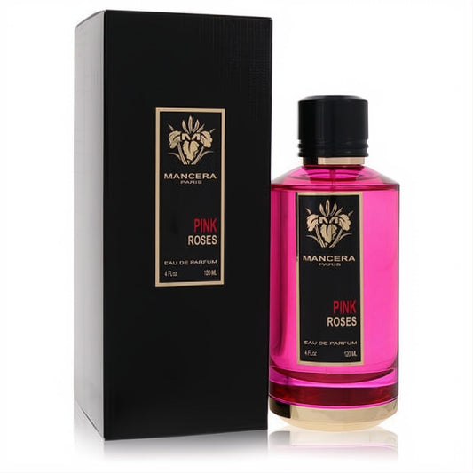 Captivating Mancera Pink Roses 4 oz EDP, a vibrant pink fragrance in a gold-accented glass bottle with a sleek black box.
