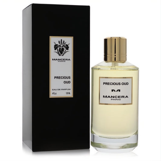 Mancera Precious Oud 4 oz unisex Eau De Parfum. Elegant clear glass bottle, radiant gold cap, and sleek black box.