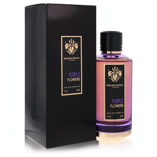 Unbox Mancera Purple Flowers 4 oz Eau De Parfum: a captivating purple gradient bottle and elegant black box with gold accents.