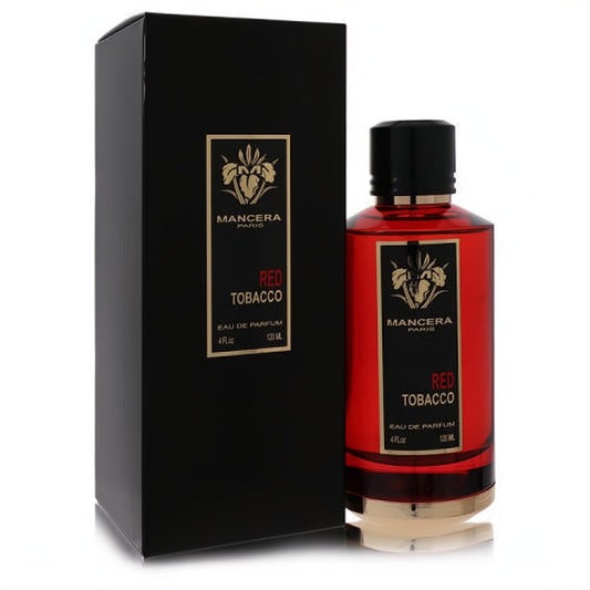 Mancera Red Tobacco 4 oz unisex perfume. Bold red glass bottle, black cap, gold details, and sleek black box.