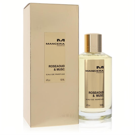 Mancera Roseaoud & Musc 4 oz EDP spray. Clear bottle with amber liquid, golden cap, and elegant gold box. Captivating unisex scent.
