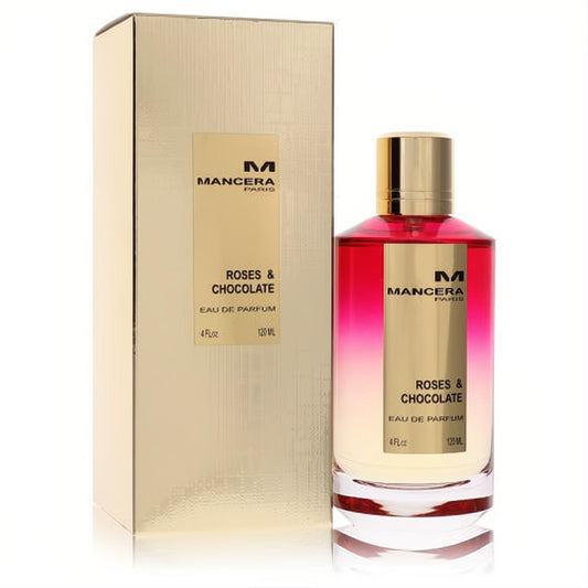 Captivating Mancera Roses & Chocolate 4 oz unisex Eau De Parfum. Pink gradient glass bottle, gold cap, and elegant gold box.