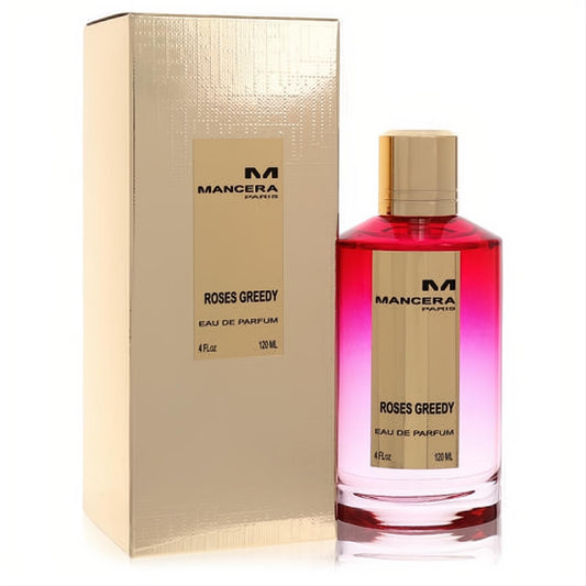 Vibrant Mancera Roses Greedy 4 oz Eau de Parfum in a pink gradient glass bottle with gold cap and luxurious gold box.