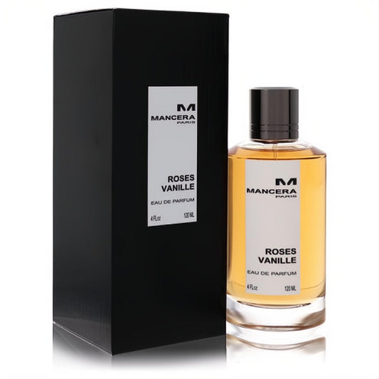 Mancera Roses Vanille 4 oz women's EDP. Golden amber liquid in a clear glass bottle with black cap, beside its sleek black box.