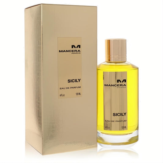 Mancera Sicily 4 oz unisex Eau De Parfum. Stunning clear bottle with vibrant yellow liquid, gold cap, and elegant gold box.