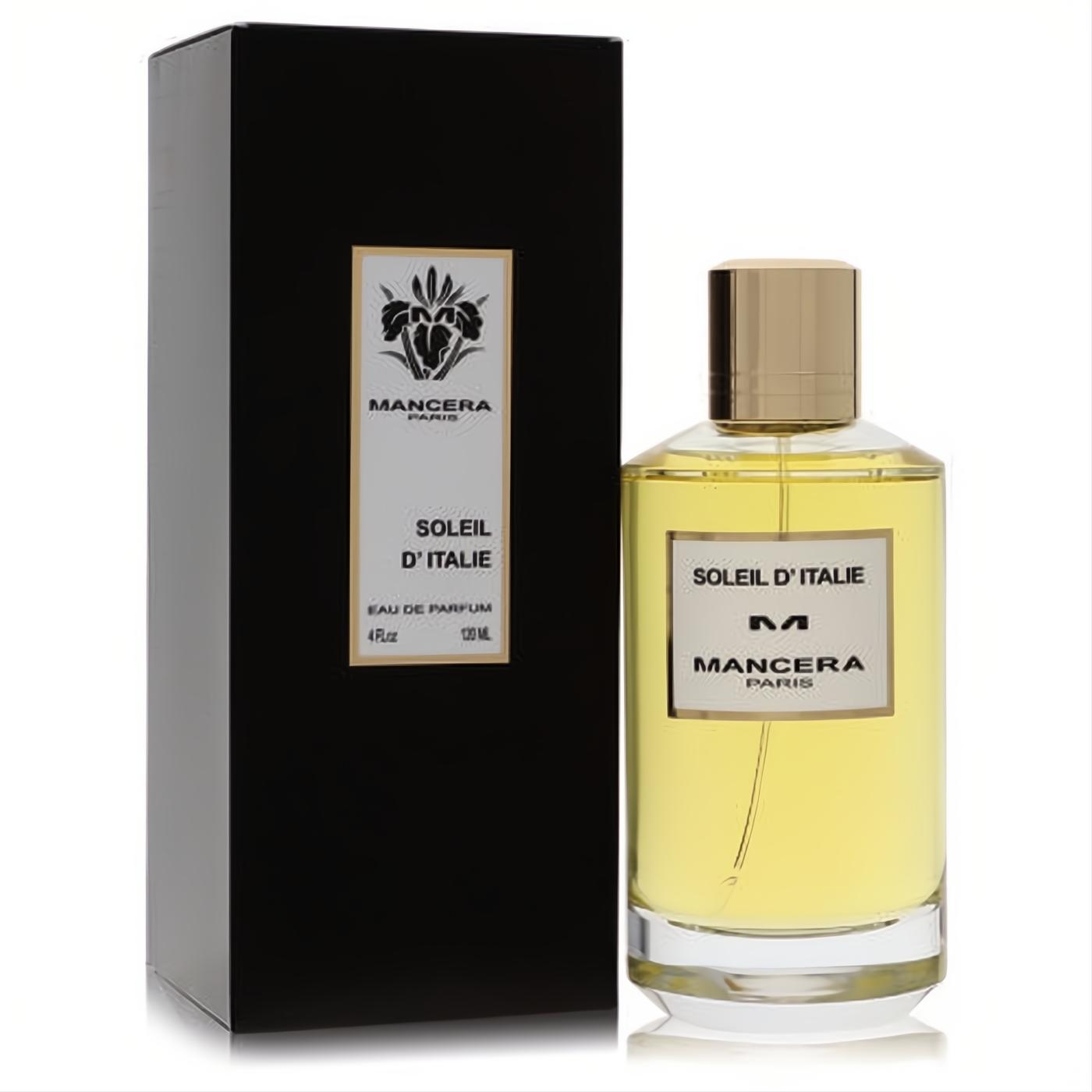 Mancera Soleil D'Italie 4 oz EDP: clear glass bottle with bright yellow fragrance, gold cap, white label, and sleek black box.