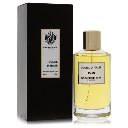 Mancera Soleil D'Italie 4 oz EDP: clear glass bottle with bright yellow fragrance, gold cap, white label, and sleek black box.