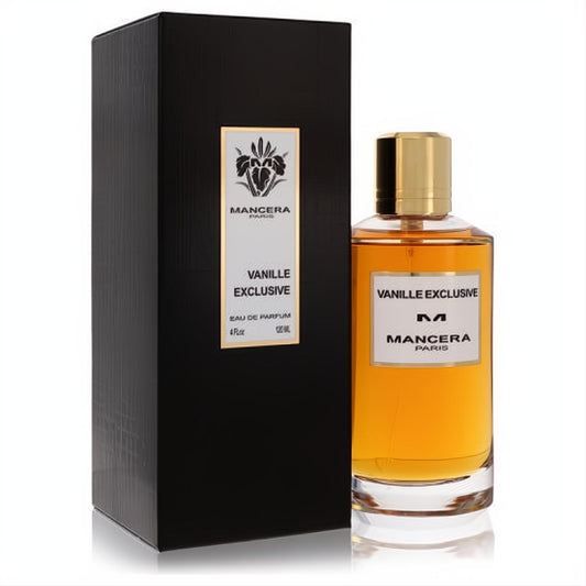 Mancera Vanille Exclusive 4 oz unisex EDP. Golden liquid in a clear glass bottle with a gold cap, presented with its sleek black box.