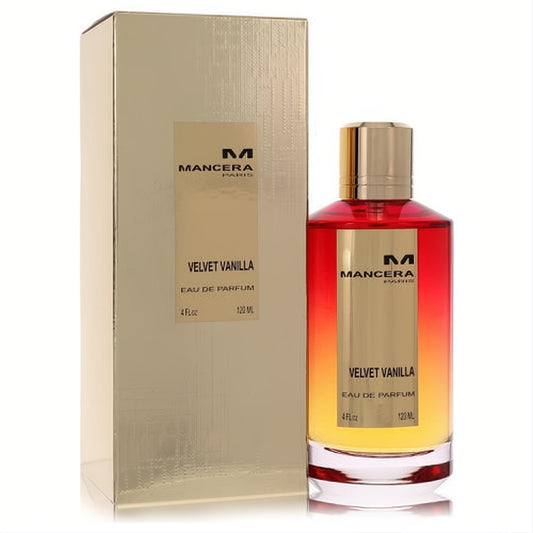 Mancera Velvet Vanilla 4 oz unisex EDP in a striking red-gold gradient bottle with a gleaming gold cap, next to its luxurious gold box.