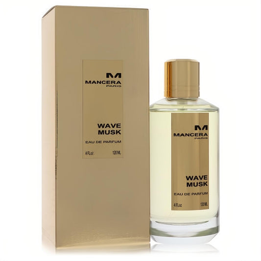 Elevate your scent with Mancera Wave Musk 4 oz unisex EDP. Clear glass bottle, luxurious gold cap, and matching box.