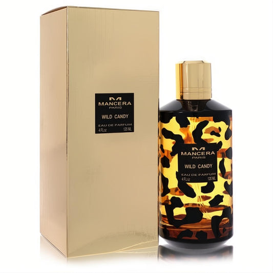 Mancera Wild Candy 4 oz EDP in a striking leopard print bottle with a gold cap, paired with its elegant gold box.