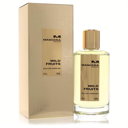 Elegant Mancera Wild Fruits 4 oz unisex EDP spray bottle with gold cap and light yellow liquid, displayed with its luxurious gold box.