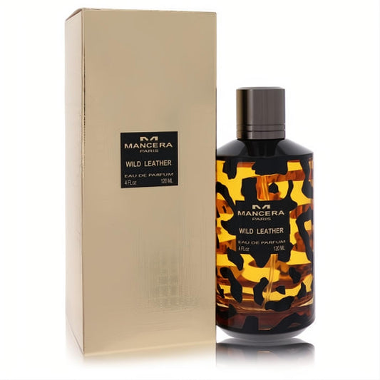 Luxurious Mancera Wild Leather 4 oz unisex EDP in a striking leopard print bottle with a sleek gold box.