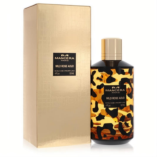 Unleash exotic allure with Mancera Wild Rose Aoud 4 oz unisex perfume in a bold gold leopard print bottle and matching gold box.
