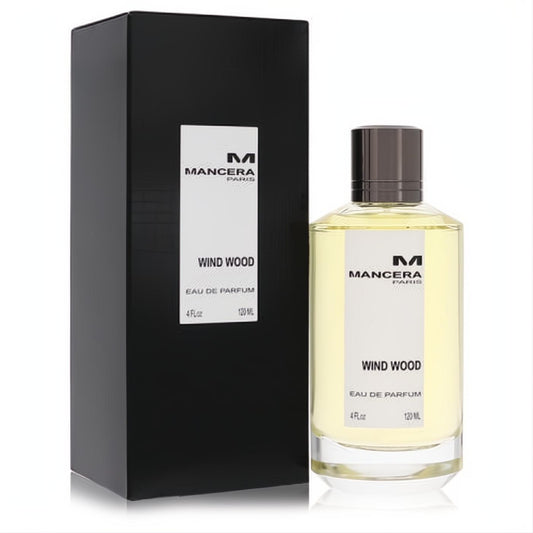 Mancera Wind Wood Eau de Parfum 4 oz (120ml) for men. Clear glass bottle, light yellow liquid, dark cap, and sleek black packaging.