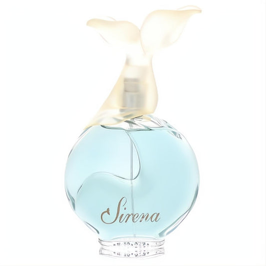 Mandalay Bay Sirena 3.4 oz EDP tester. Captivating light blue glass bottle with elegant script and frosted mermaid tail cap.