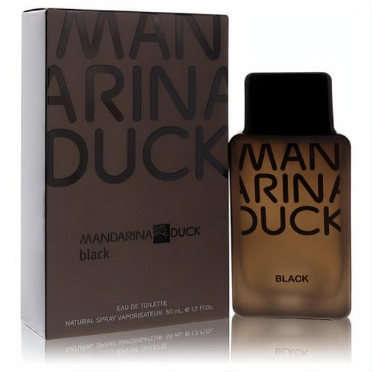 Mandarina Duck Black 1.7 oz men's cologne. Dark frosted glass bottle with prominent logo, black cap, and matching branded box.