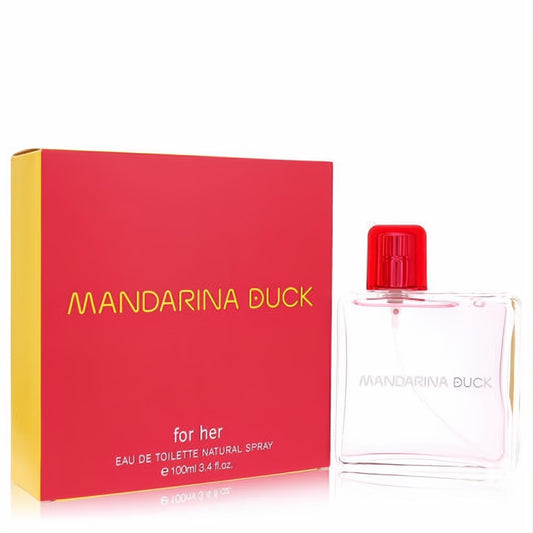 Mandarina Duck For Her 3.4 oz EDT. Bold red box, clear glass spray bottle with a striking red cap and soft pink fragrance.