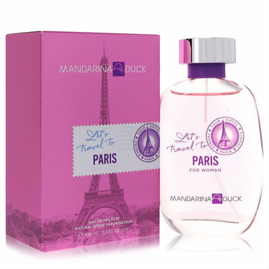 Captivating Mandarina Duck Let's Travel to Paris 3.4 oz EDT fragrance. Pink glass bottle, silver cap, Eiffel Tower box.
