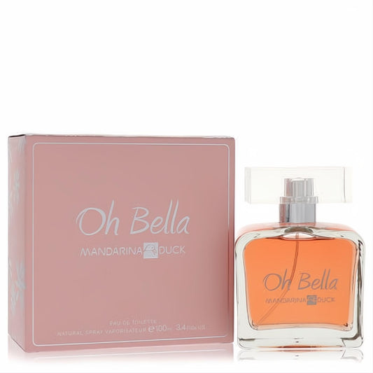 Elegant Mandarina Duck Oh Bella 3.4 oz EDT spray with vibrant orange liquid in a clear glass bottle, beside its chic pink box.