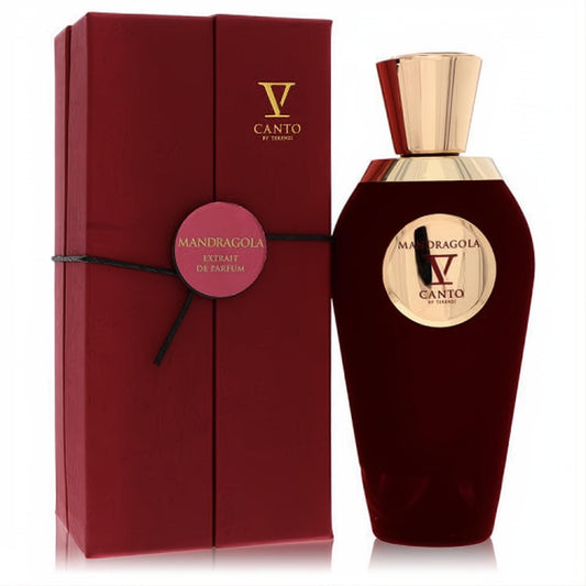Elegant V Canto Mandragola V unisex fragrance in a rich red velvet bottle with gold cap, beside its luxurious gift box.