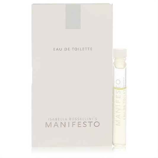 Manifesto by Isabella Rossellini .04 oz Eau de Toilette sample vial, clear glass with white cap, next to its sleek white box.